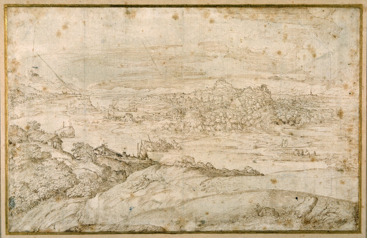 Wooded landscape with a winding river; in the distance a city, a mixture of spires and domes with antique ruins by Domenico Campagnola