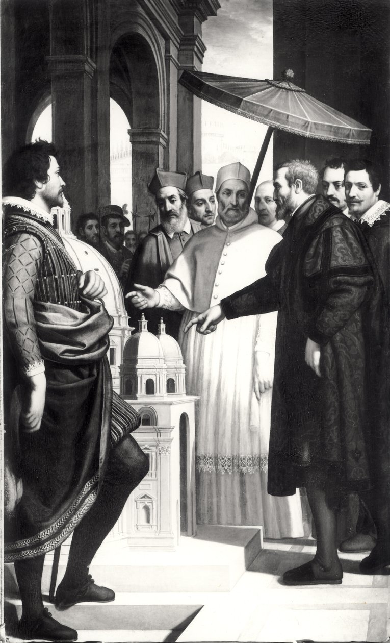 Michelangelo (1475-1564) presenting a model of the dome of St. Peters to Pope Paul IV (1476-1559) by Domenico Cresti