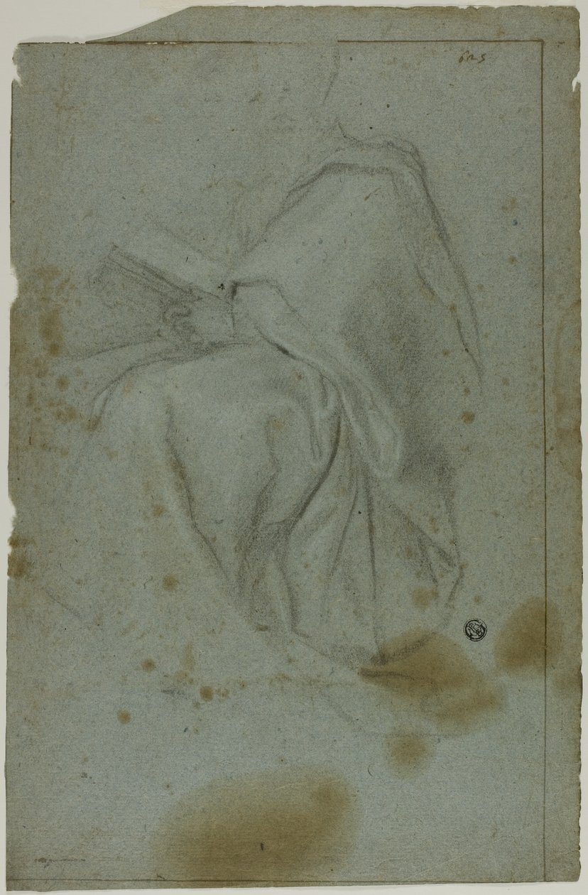 Seated Draped Male Figure with Book (recto); Two Seated Women with Sketch of Left Hand (verso) by Domenico Fiasella