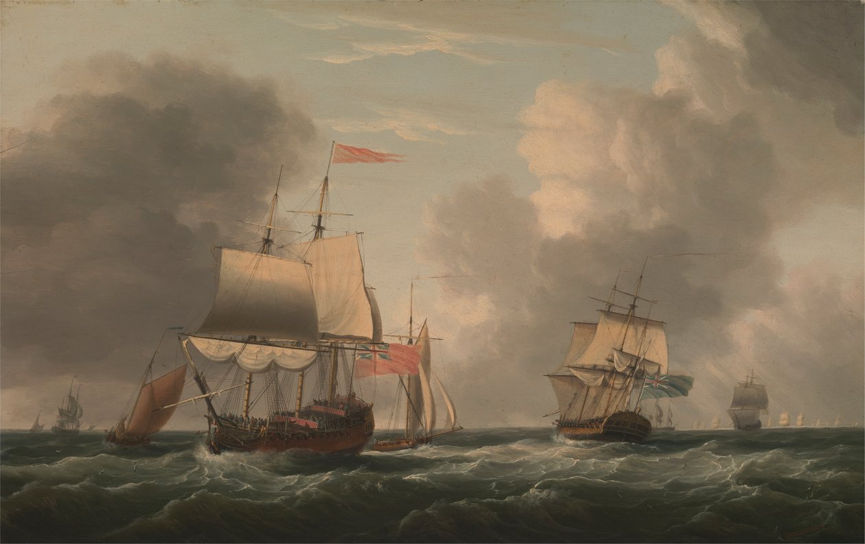 An English Two-Decker Lying Hove to, with Other Ships and Vessels in a Fresh Breeze by Dominic Serres RA