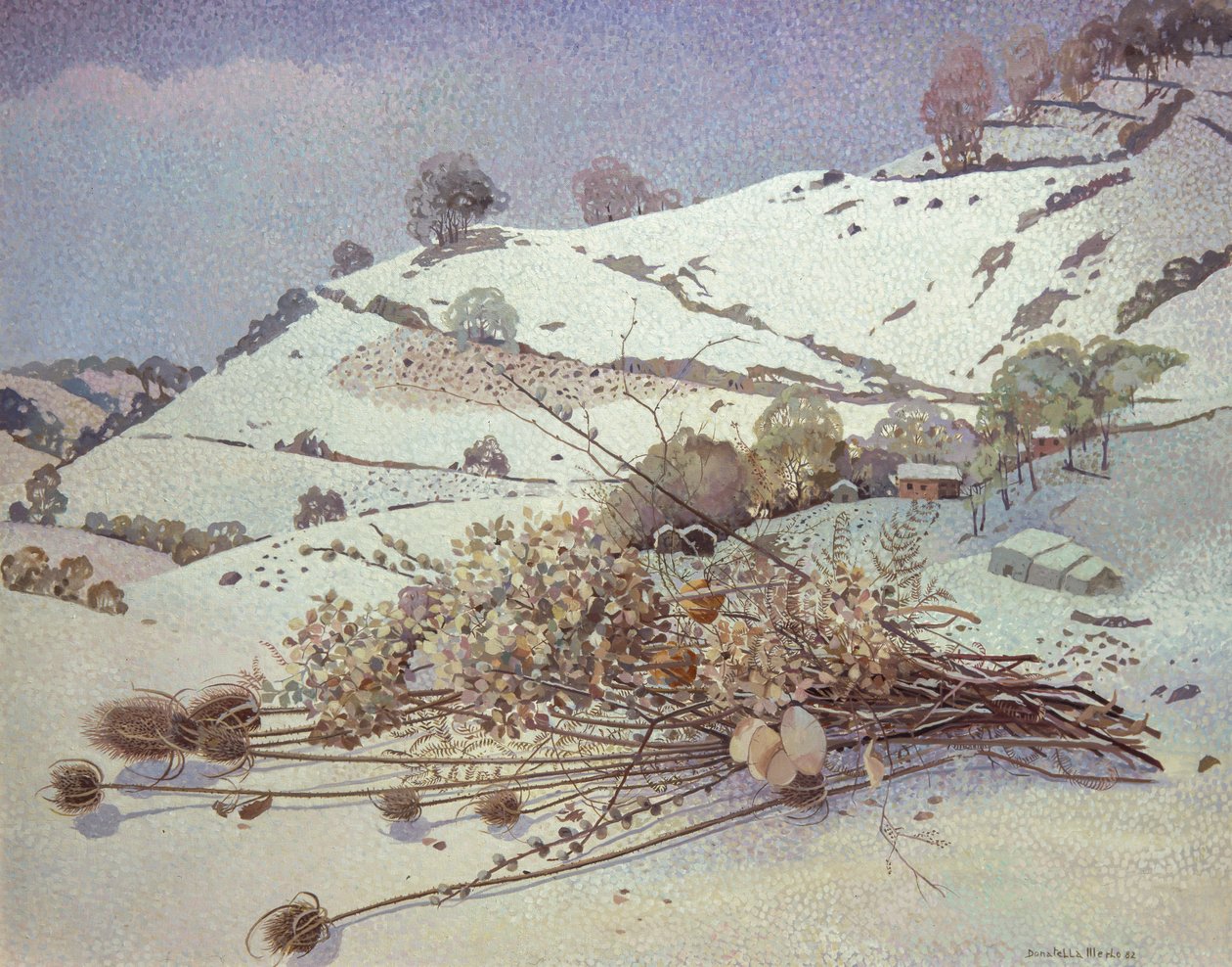 Snowy landscape with still life of dried flowers by Donatella Merlo