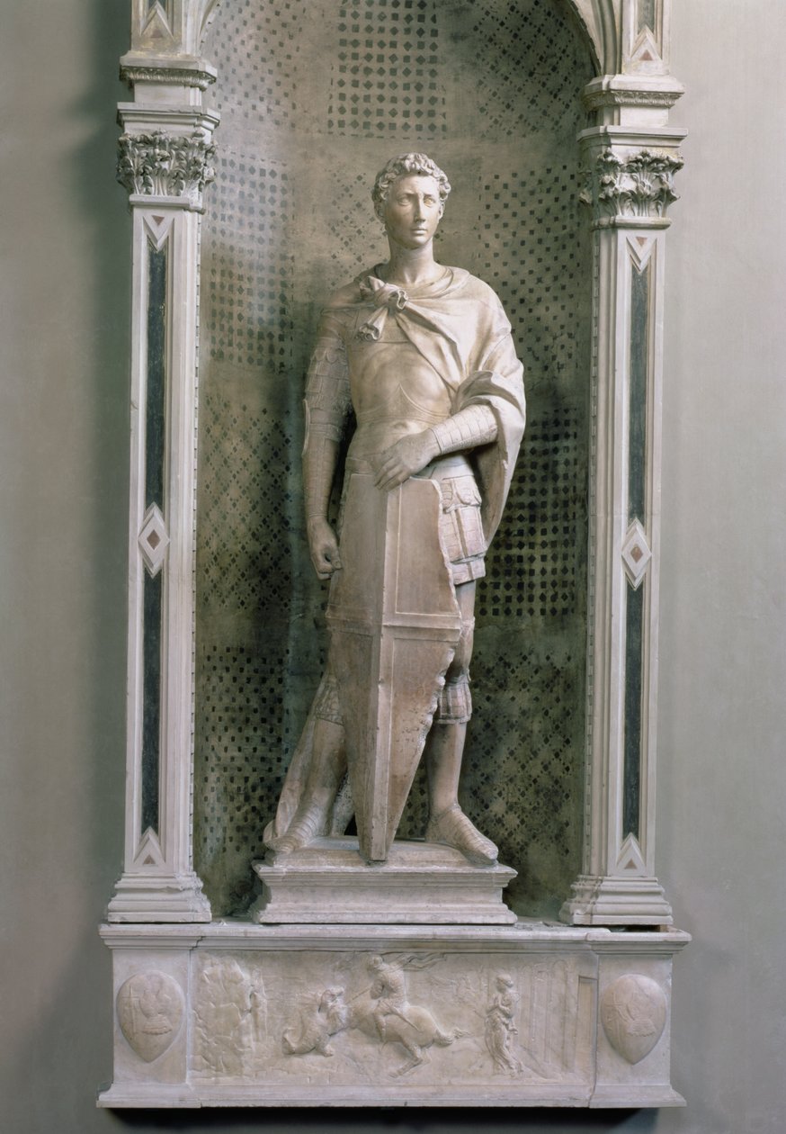 St. George in a Niche with Relief of St. George Slaying the Dragon Below (post-restoration) by Donatello
