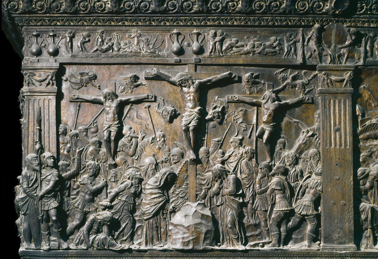 Representation of the good thief (Dismas) and the bad thief (Gesmas), crucified with Jesus Christ. Low relief of left pulpit, c. 1460 by Donatello