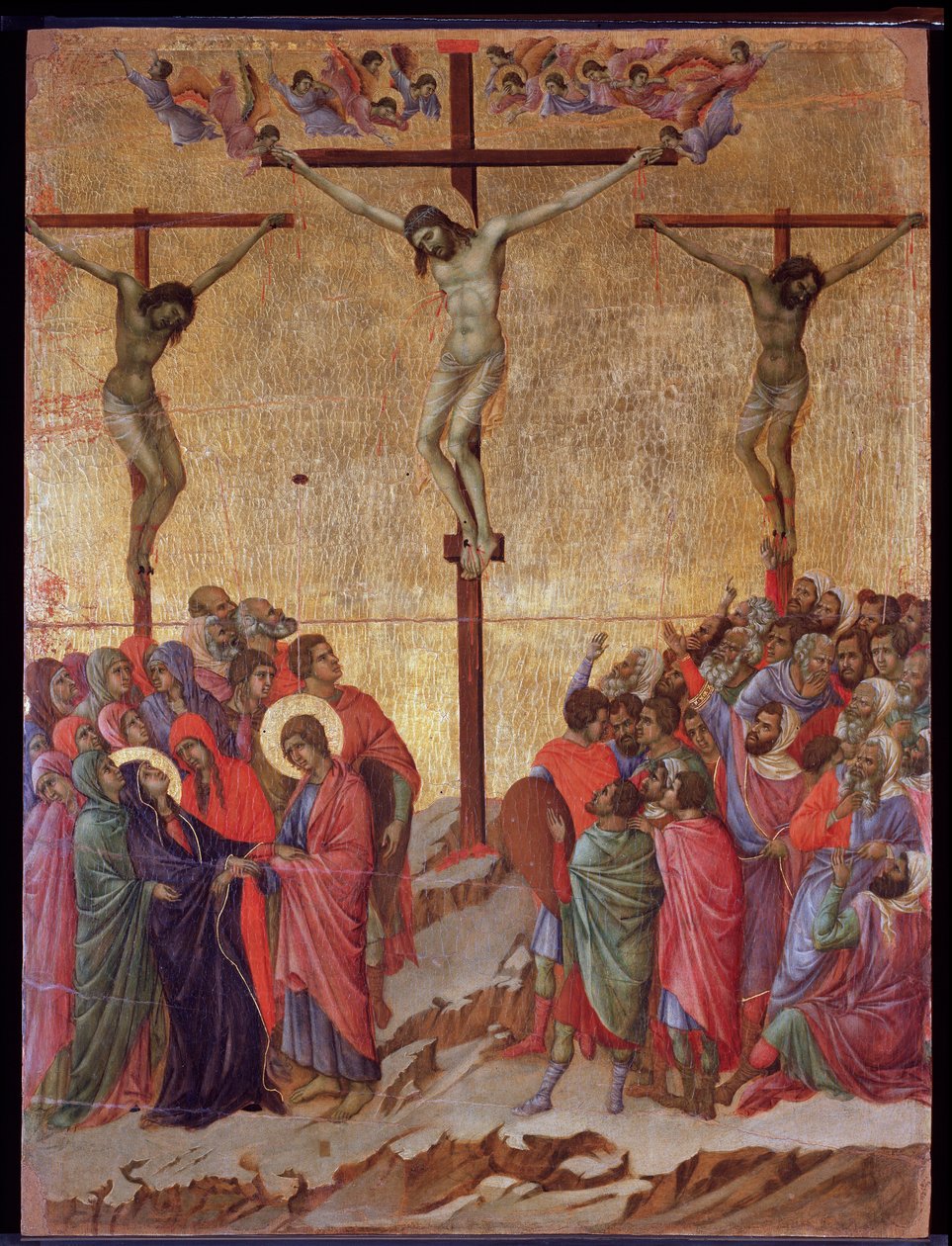 The Crucifixion. On the sides, the good thief (Dismas) and the impenitent thief (Gestas) by Duccio di Buoninsegna