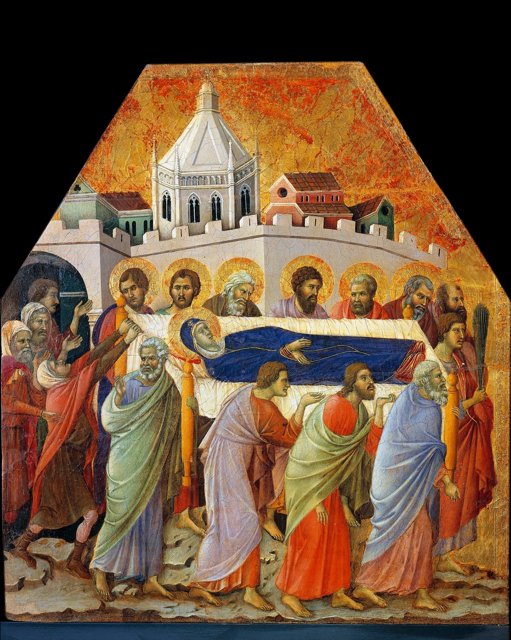The funeral of the Virgin, Saint John with the palm opens the way by Duccio di Buoninsegna