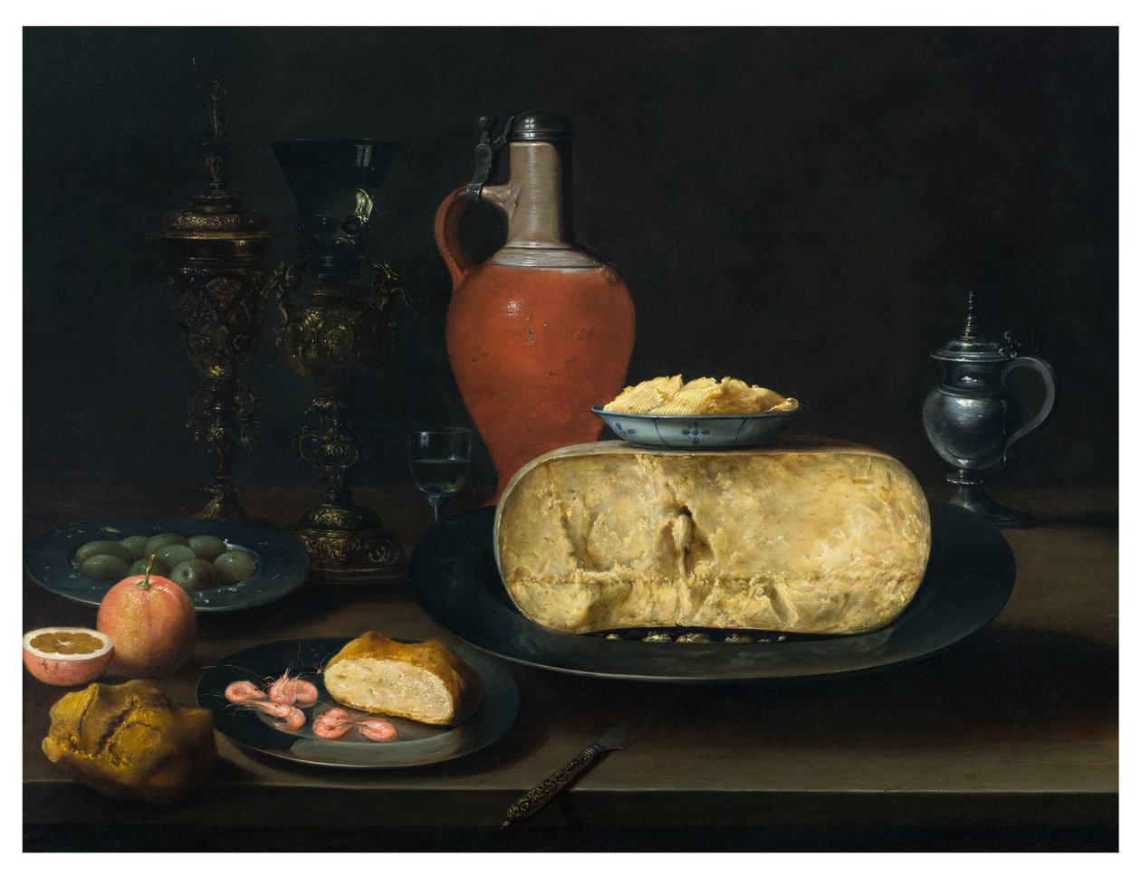 A Still Life with Cheese, Butter, Bread, Prawns, Oranges, Olives and Wine on a Table by Dutch School