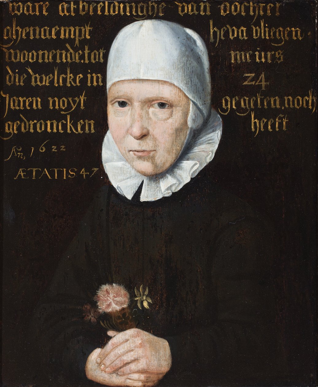 A Portrait of a Lady in a Black and White Cap Holding a Nosegay by Dutch School