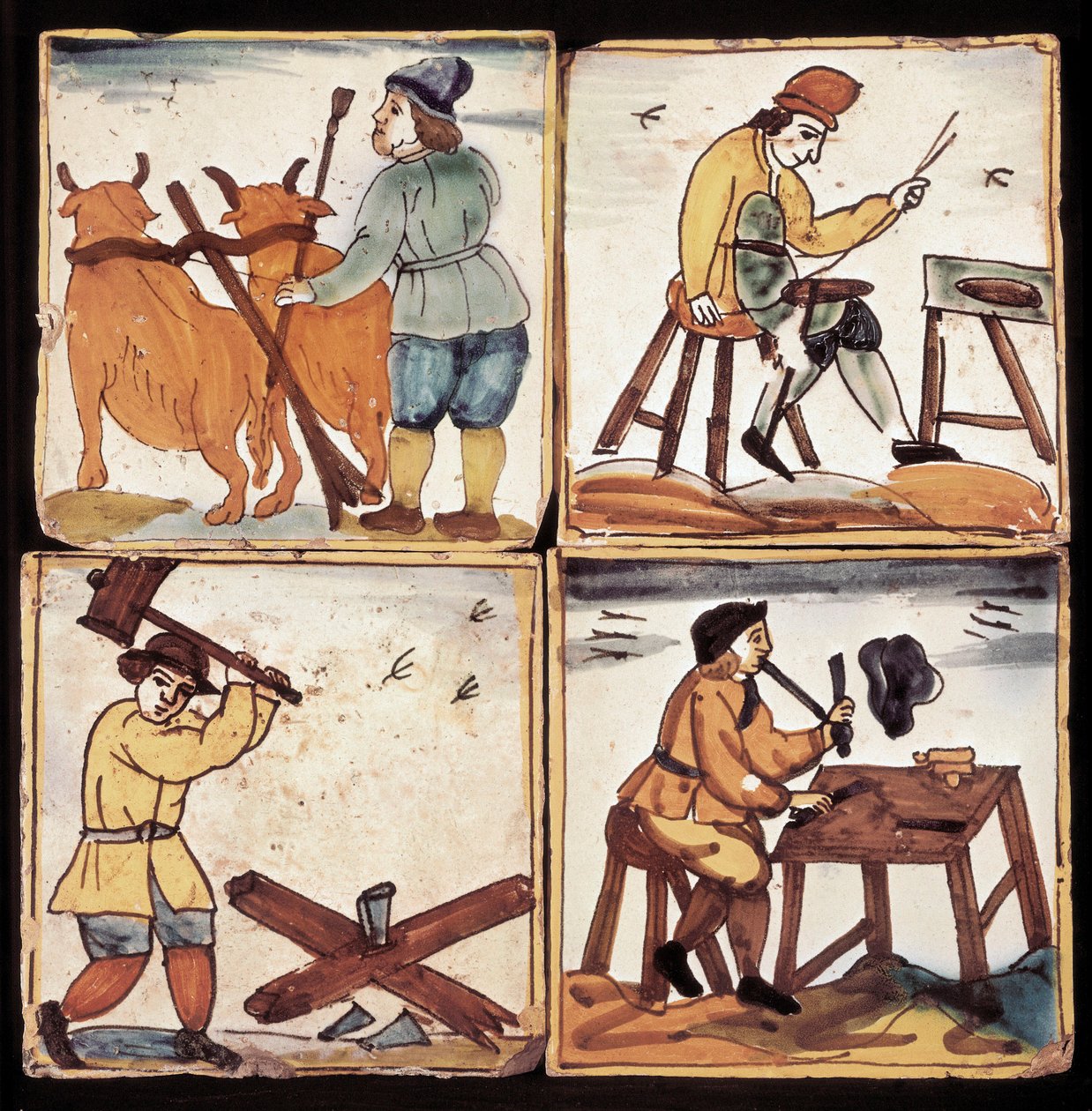 Azulejos Panel: Representation of Trades, Peasant Tillage, Saver, Log Splitter and a Pipier by Dutch School