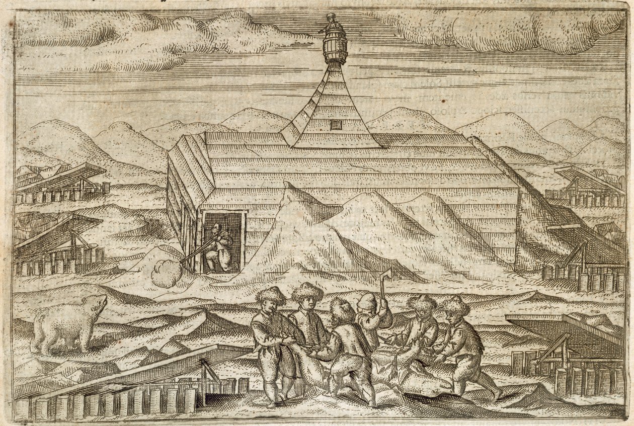 Crew killing and skinning bears, outside the cabin in which the expedition wintered, illustration from 
