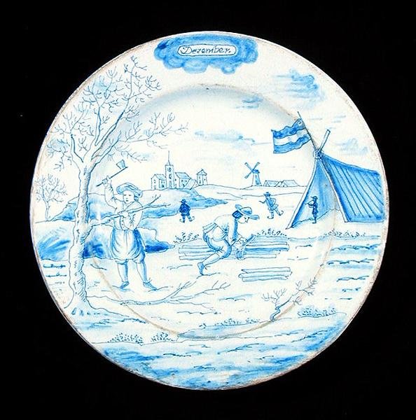 Delftware plate depicting the month of December by Dutch School