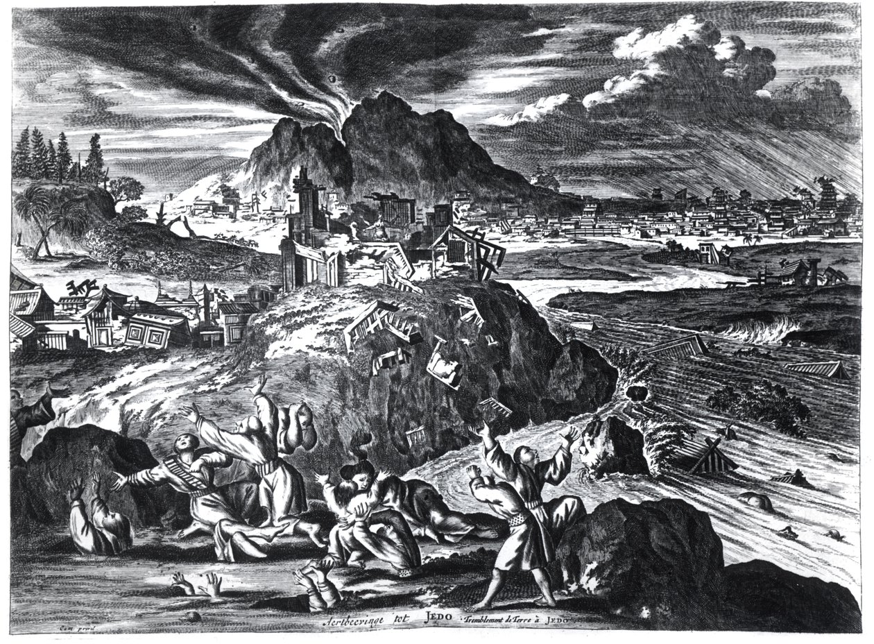 Earthquake in Edo (Tokyo) in 1659, illustration from the account by Arnold Montanus of embassies sent by the Dutch East India Company to the Emperor of Japan, published in Amsterdam 1669 by Dutch School