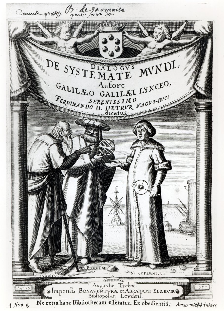 Frontispiece of Dialogus De Systemate Mundi by Galileo, published in Leyden 1635 by Dutch School