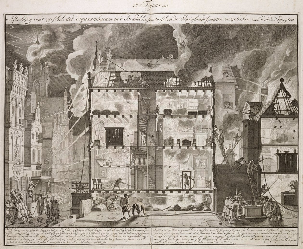 Illustration Showing How New Long Fire Hoses Could Reach All Parts of a Building, from a Book on Firefighting in Holland, Published c.1700 by Dutch School