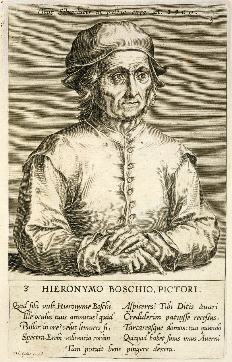 Portrait of Hieronymus Bosch plate 3 in a Series of Portraits of Artists, engraved by Theodor Galle by Dutch School