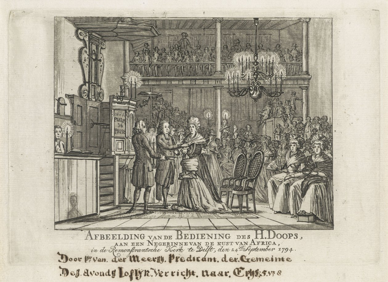 Remonstrant baptism of African woman in Delft by Dutch School