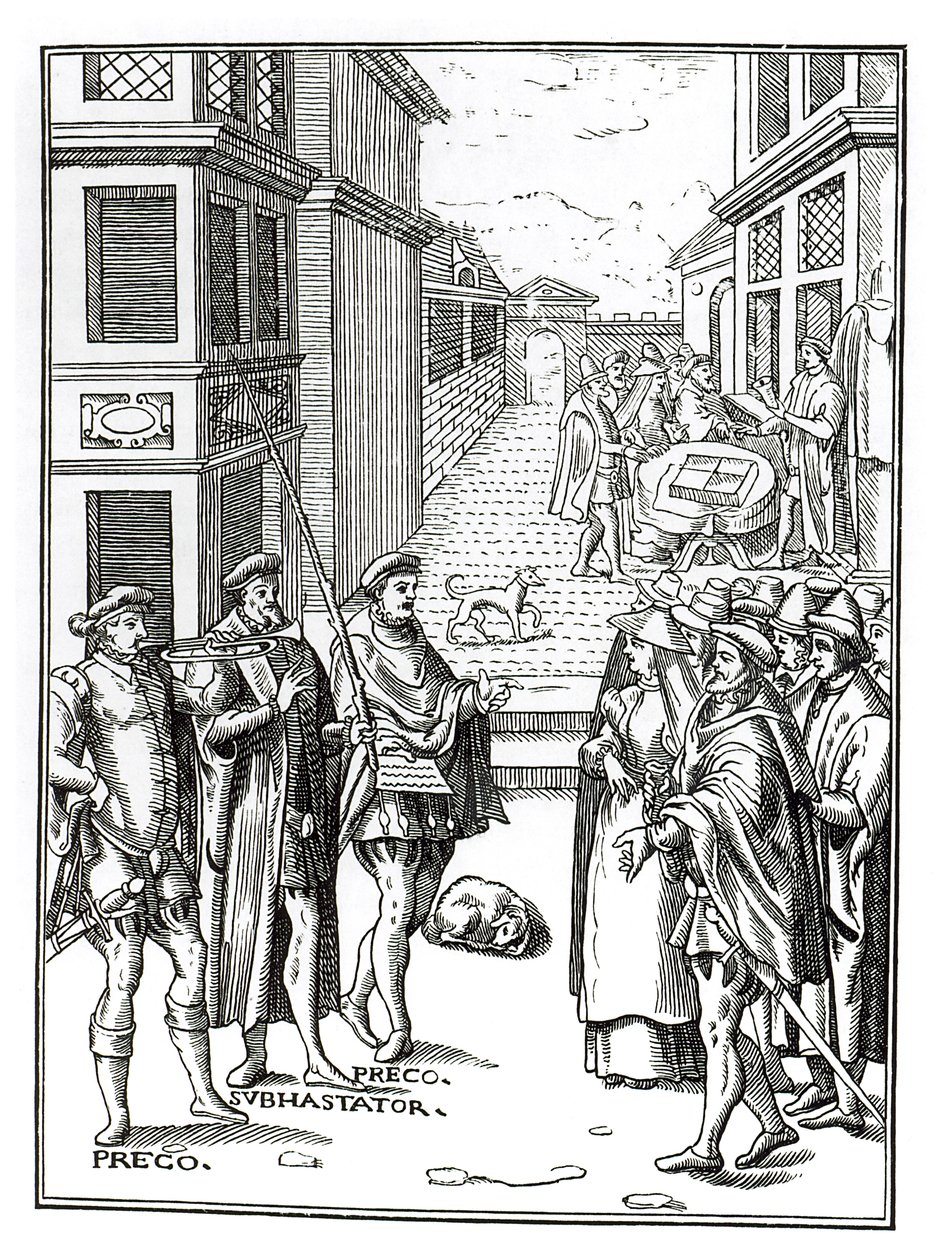 Sale by Town Crier, after a Woodcut in Praxis Rerum Civilium by Joos de Damhouder (1507-81) Published Antwerp, 1557 by Dutch School
