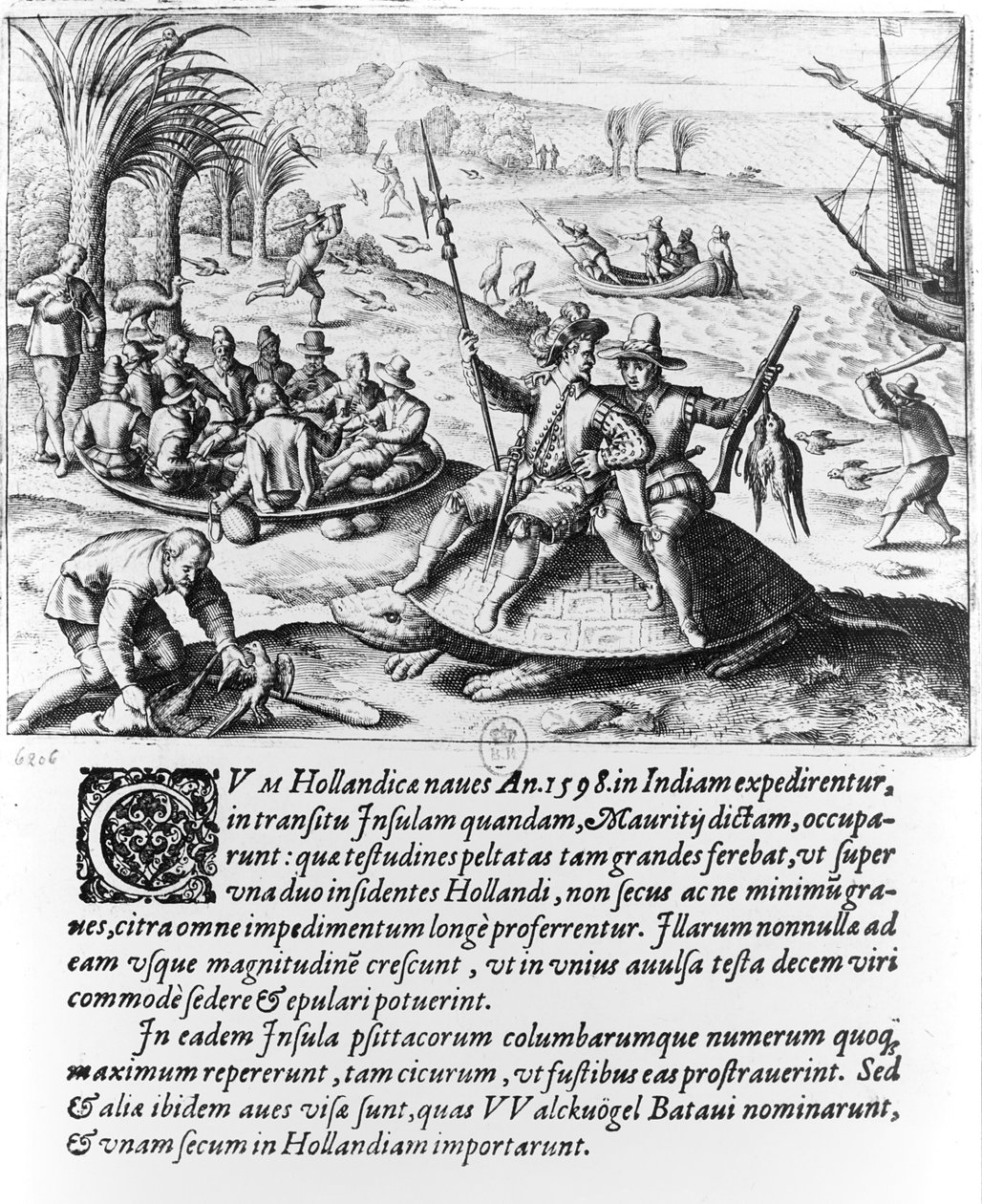 The Dutch in Mauritius in 1598, engraved by de Bry by Dutch School