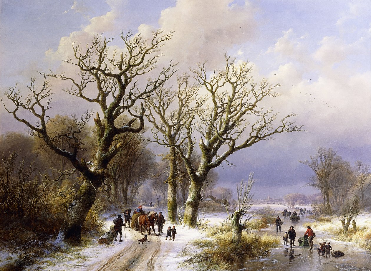 A Wooded Winter Landscape with Figures by E.J. Verboeckhoven