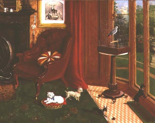 Interior with Terriers and a Parrot in a Cage by E.M. Fox