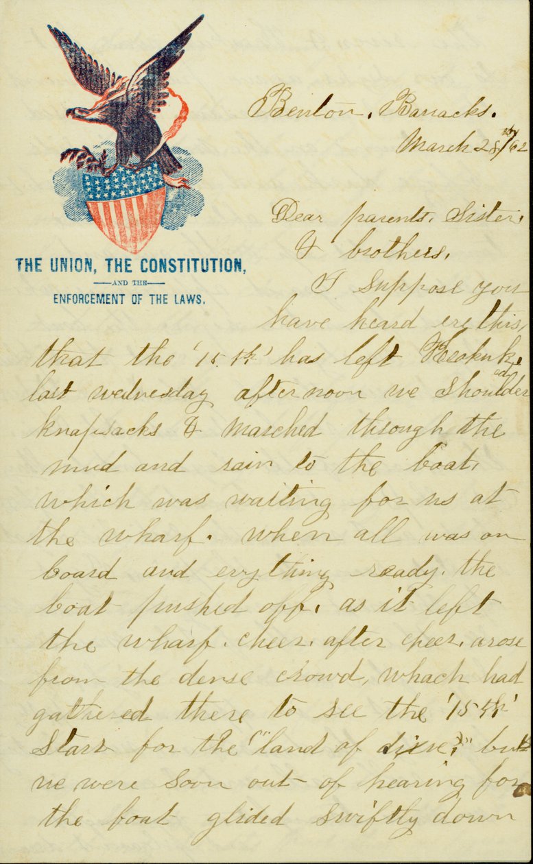 Letter signed E.G. Black, Benton Barracks, Mo., to his parents, sister, and brothers, March 28, 1862 by E. G. Black
