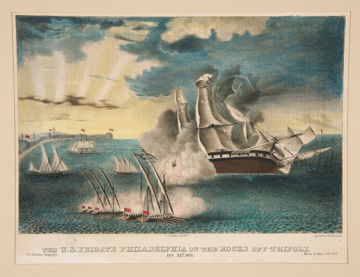 The U.S. Frigate Philadelphia on the rocks off Tripoli (From the U.S. Military Magazine Army and Navy, Vol. II) by E. J. Pinkerton