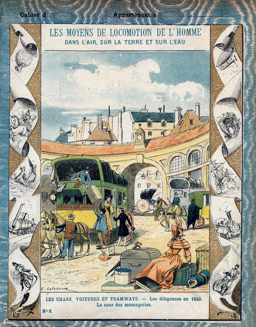 Stagecoach in 1840 - From a protective sleeve for school books, late 19th century - illustration by E. Letellier by E. Letellier