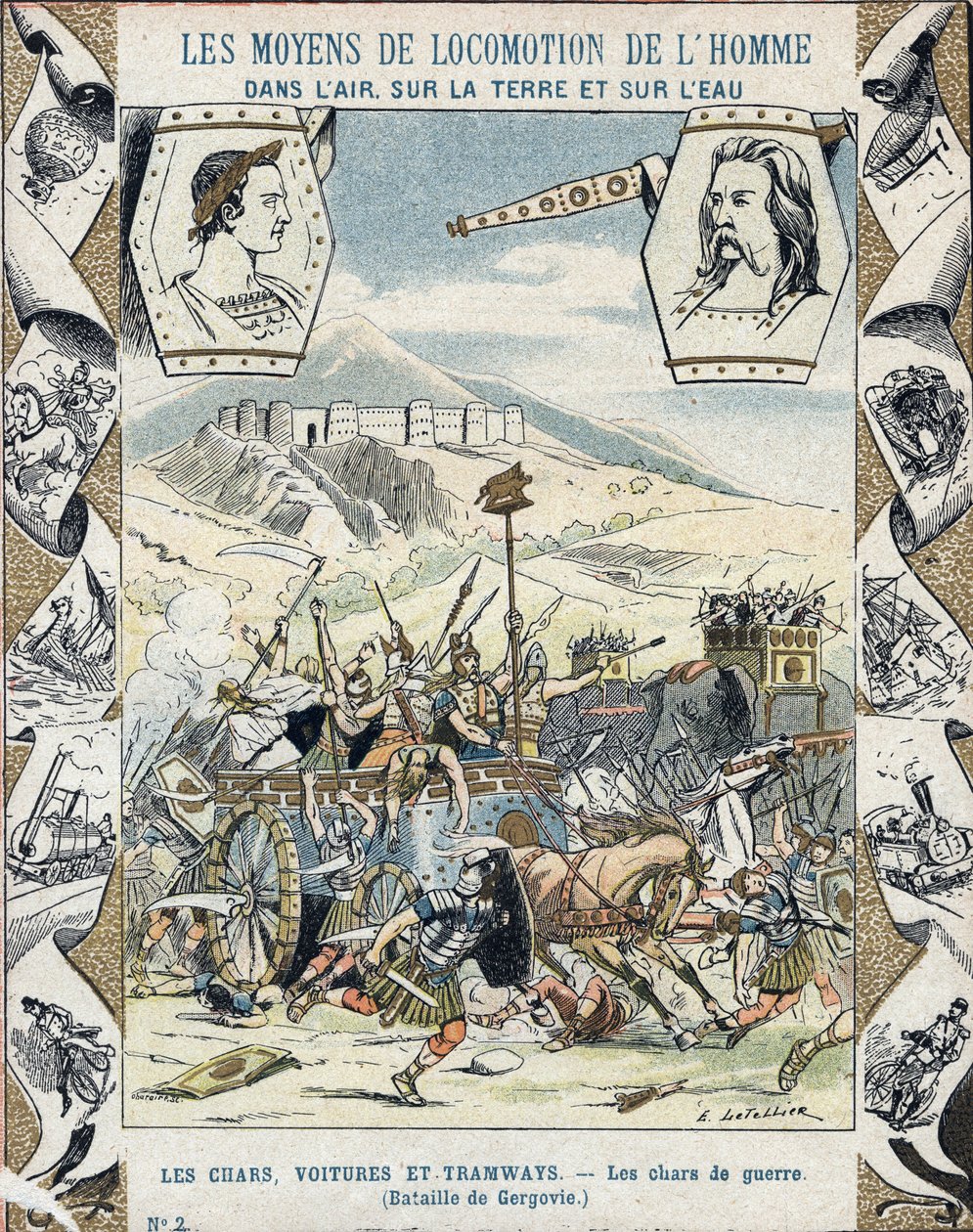 Gallic war chariots at the Battle of Gergovia - From a protective sleeve for school books, late 19th century - illustration by E Letellier by E. Letellier