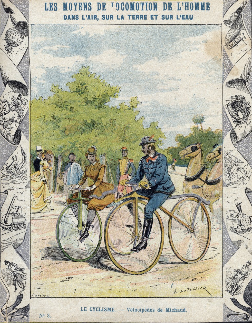 Pierre Michaux and Michaudine Velocipedes - From a Protective Sleeve for School Books, Late 19th Century by E. Letellier
