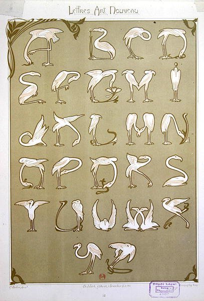 "Art Nouveau" Alphabet using the motif of Pink Flamingos by E. Mulier
