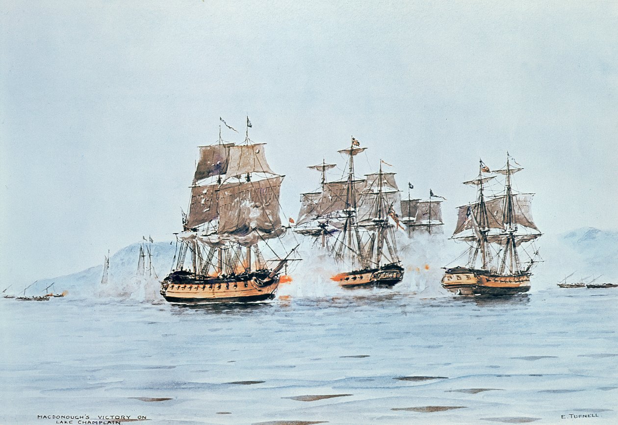 Commodore Macdonough in the Saratoga defeats the British, Battle of Lake Champlain by E. Tufnell