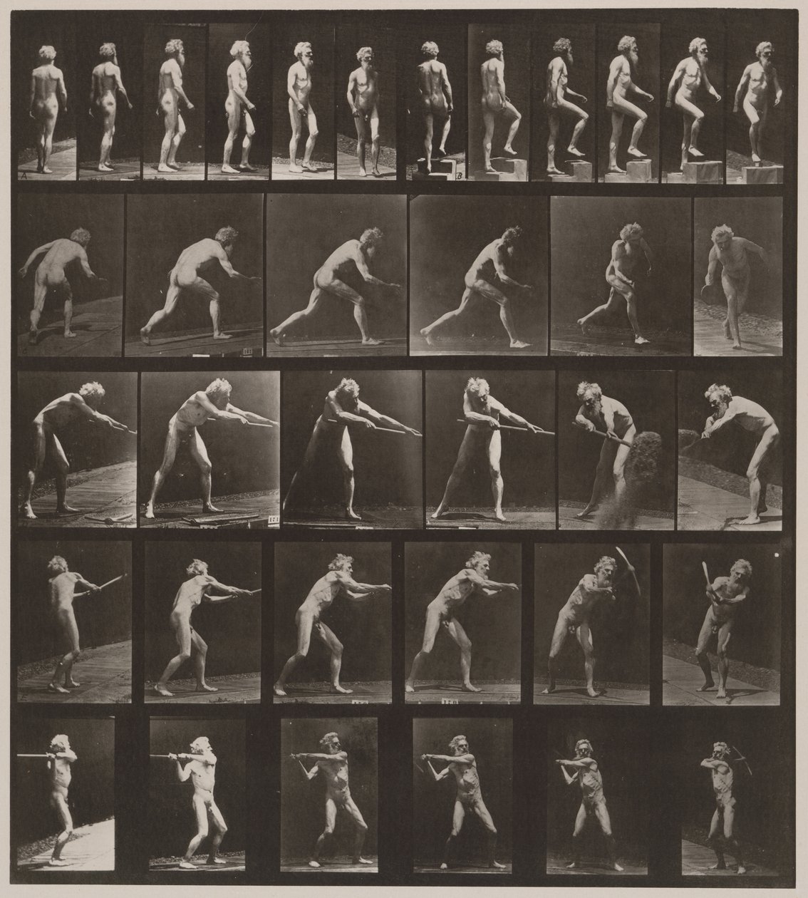 Plate Number 521. A, Walking; B, Ascending Step; C, Throwing Disk; D, Using Shovel; E, Using Pick; F, Using Pick, 1887 by Eadweard Muybridge