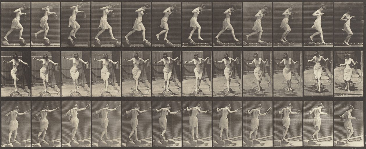 Plate Number 175. Crossing Brook on Stepping-Stones with a Fishing Pole and Can by Eadweard Muybridge