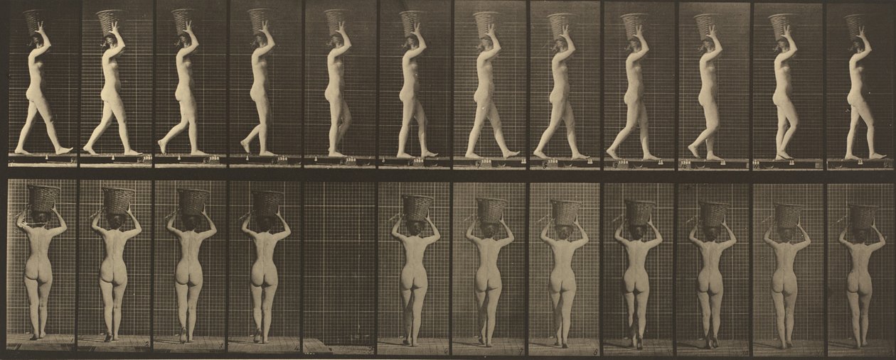 Plate Number 34. Walking and carrying a 15-lb. basket on head, hands raised, 1887 by Eadweard Muybridge