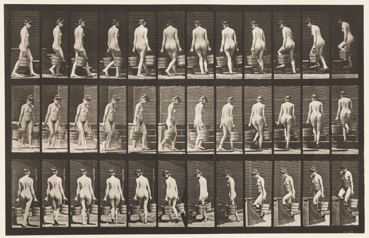 Turning and Ascending Stairs, Bucket Water in Each Hand by Eadweard Muybridge
