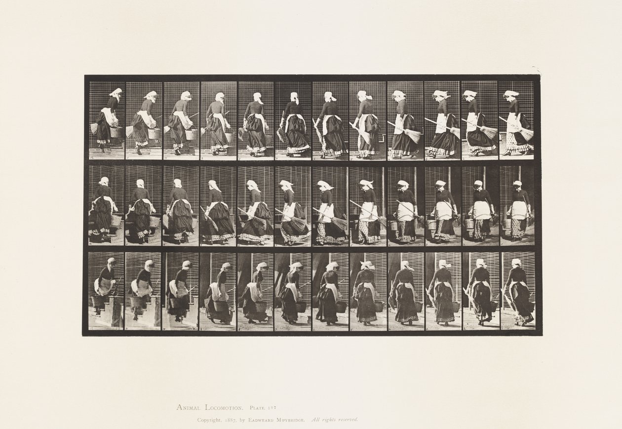 Turning to Ascend Stairs, Bucket of Water & Broom in Hands by Eadweard Muybridge