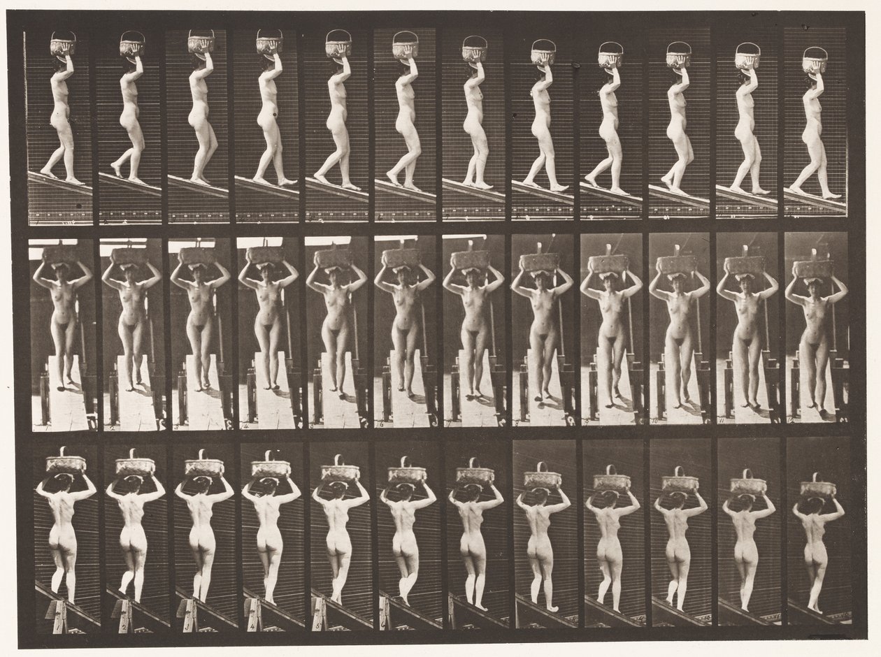 Descending Incline, 20-lb Basket on Head, Hands Raised by Eadweard Muybridge