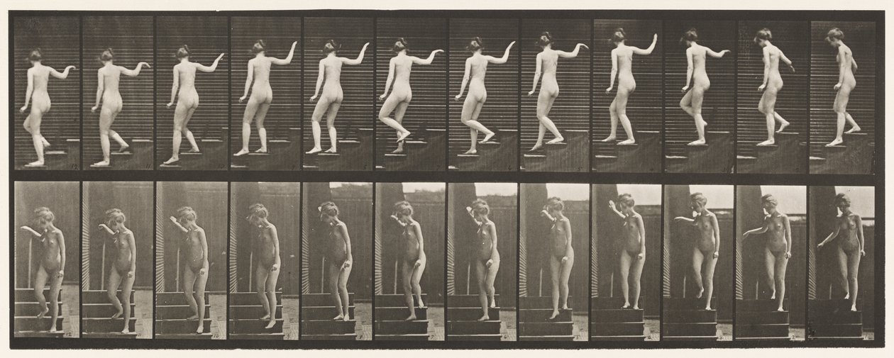 Plate 132. Descending Stairs, Turning to Look Around & Waving Hand by Eadweard Muybridge