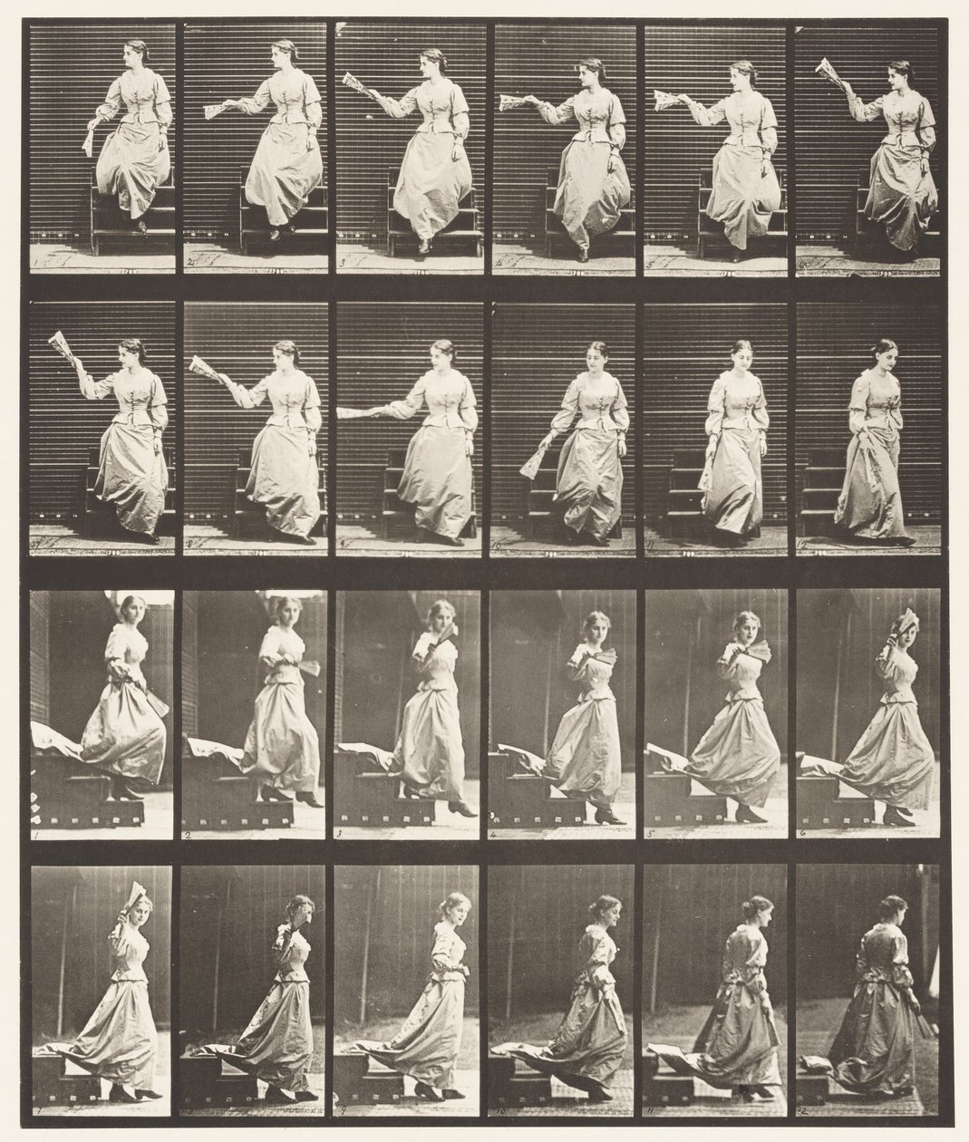 Plate 140. Descending Stairs Looking Around and Waving Fan by Eadweard Muybridge