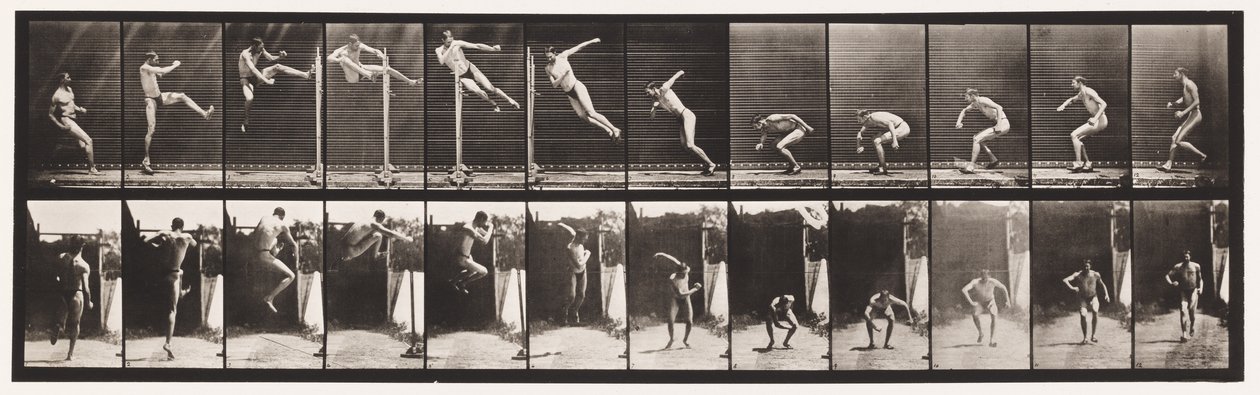 Plate 158. Jumping; Running Twist High Jump (Shoes) by Eadweard Muybridge