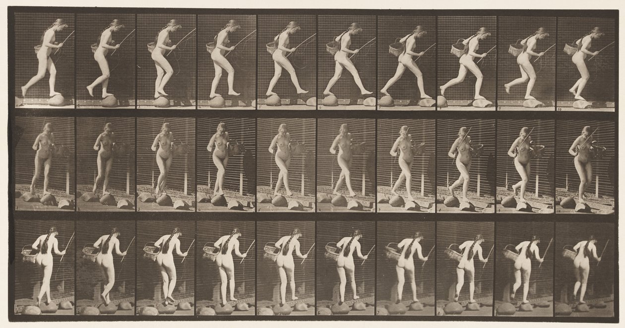 Crossing Brook on Stepstones with Fishing-Pole & Basket by Eadweard Muybridge