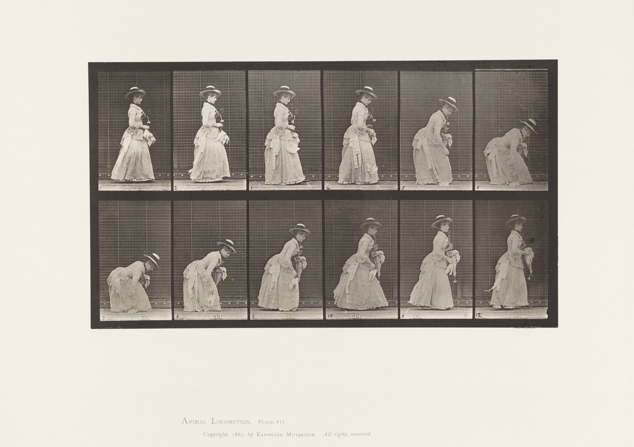 Stooping and Lifting Handkerchief; Parasol in Left Hand by Eadweard Muybridge