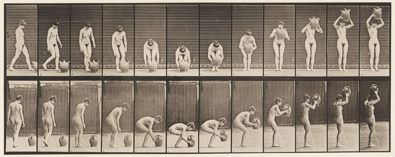 Plate 224. Stooping and Lifting Water Jar to Head by Eadweard Muybridge