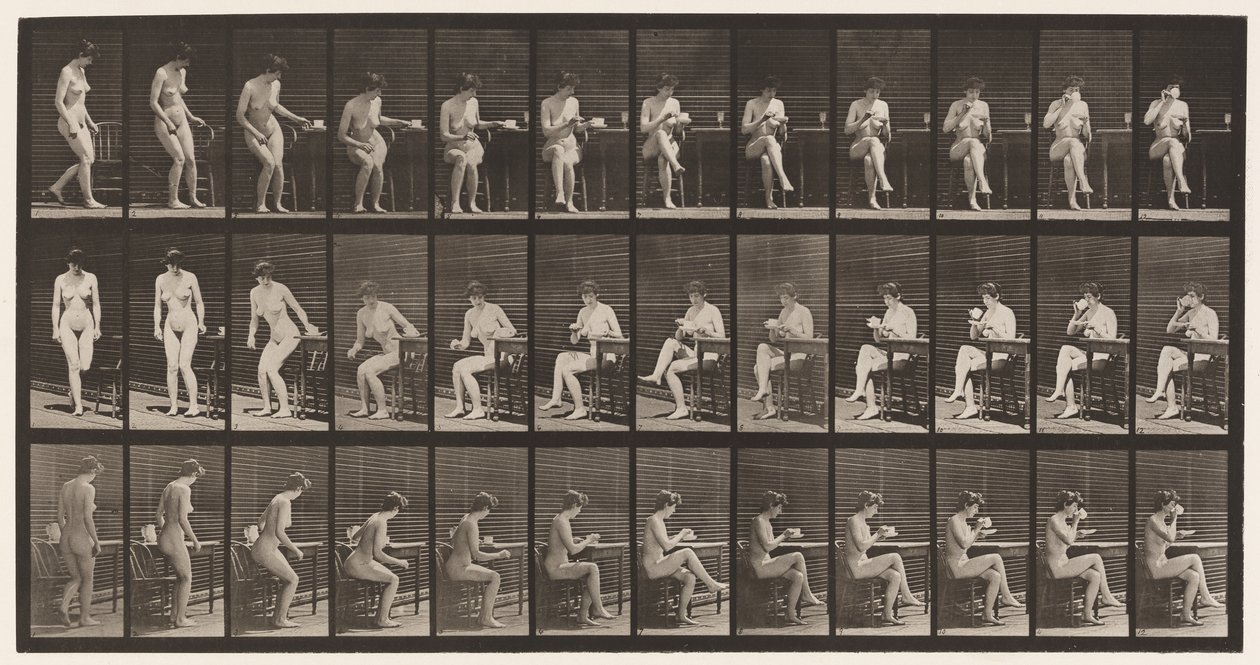 Plate 238. Sitting on Chair, Crossing Legs, Drinking from Tea Cup by Eadweard Muybridge
