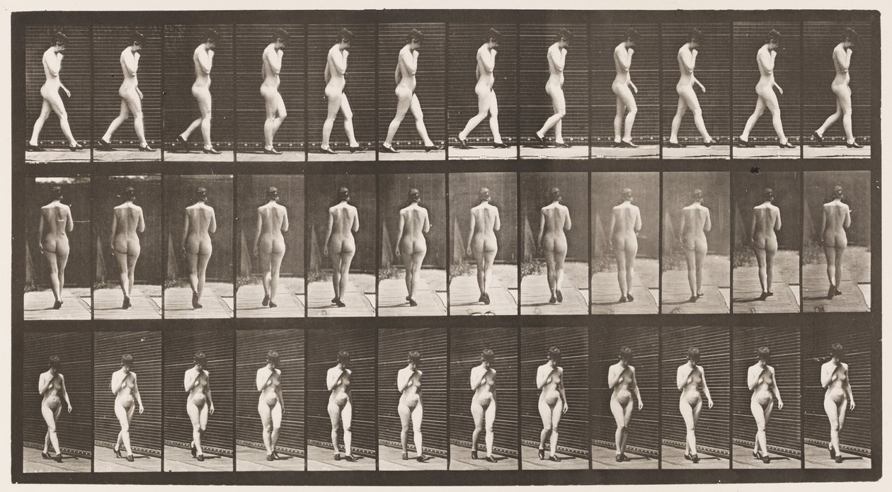 Walking, Right Hand at Chin, High-Heeled Shoes On by Eadweard Muybridge