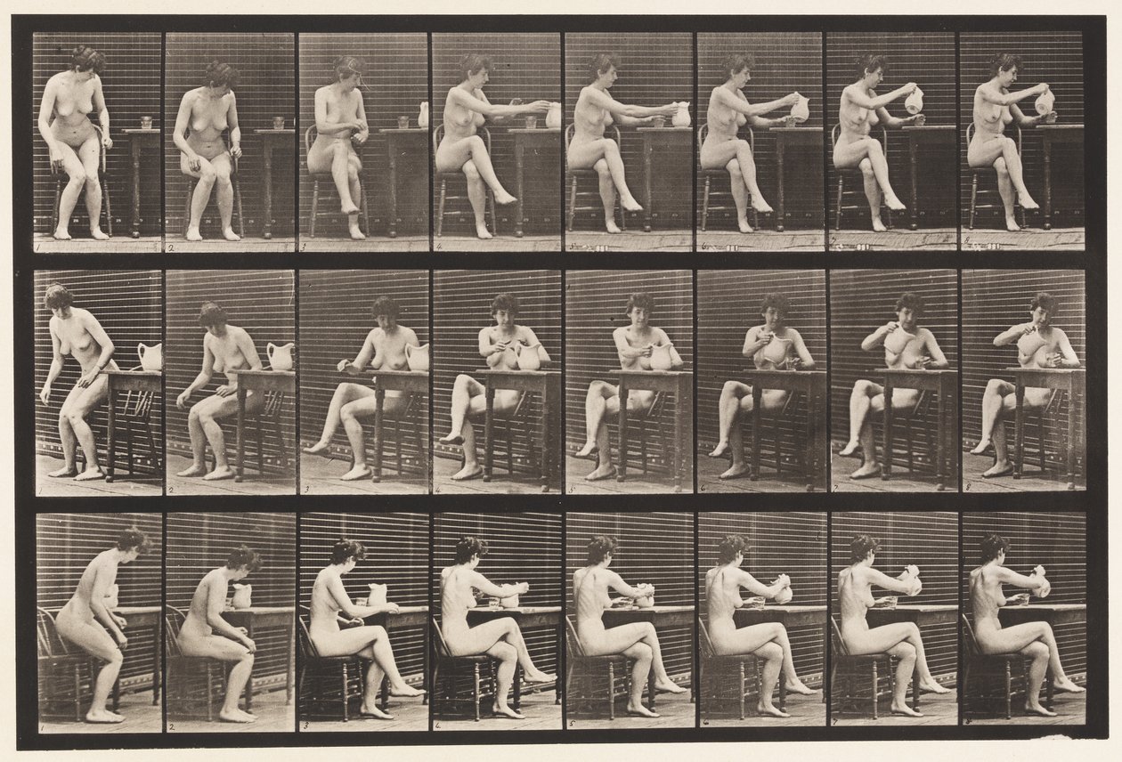Plate 244. Sitting Crossing Legs, Filling Goblet from Pitcher by Eadweard Muybridge