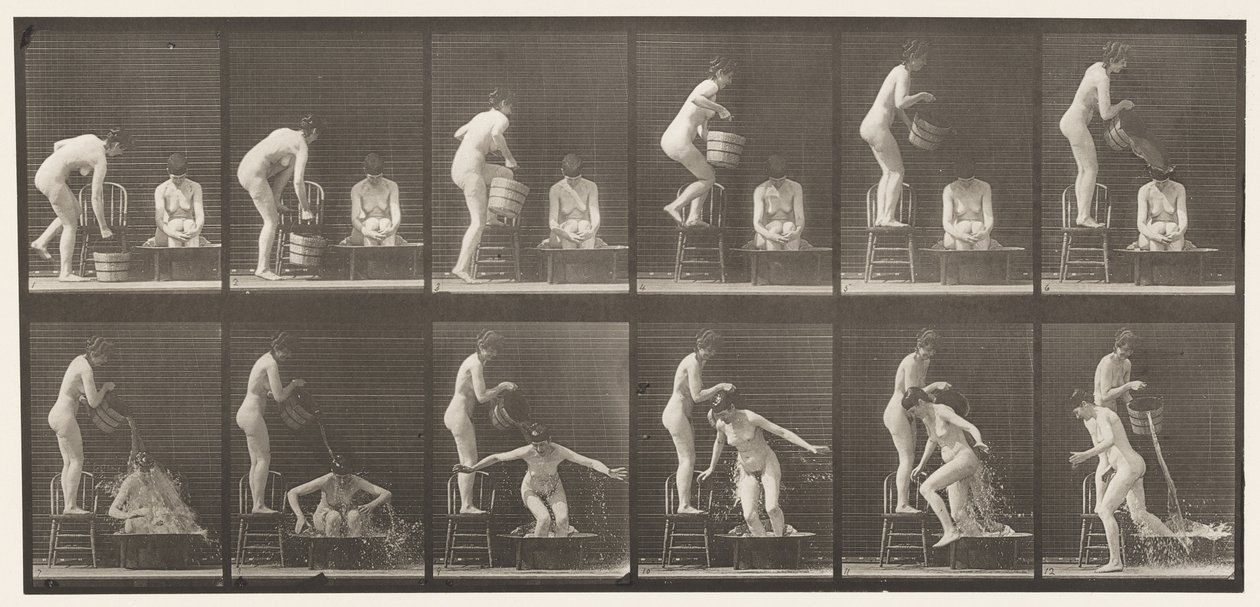Plate 406. Two Models, Pouring Bucket of Water Over One by Eadweard Muybridge