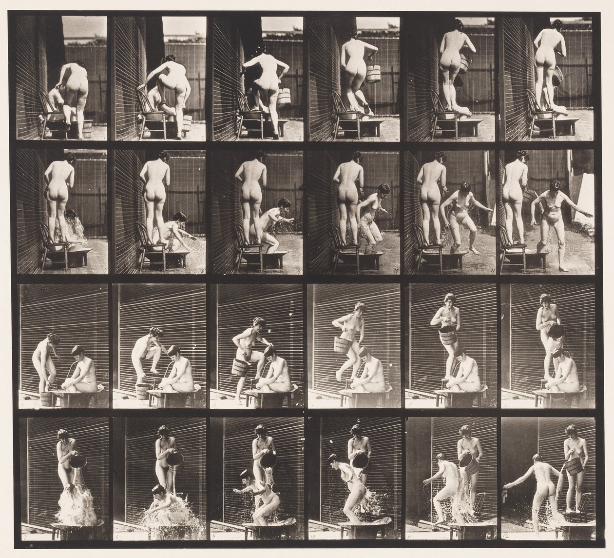 Plate 407. Two Models, Pouring Bucket of Water Over One by Eadweard Muybridge