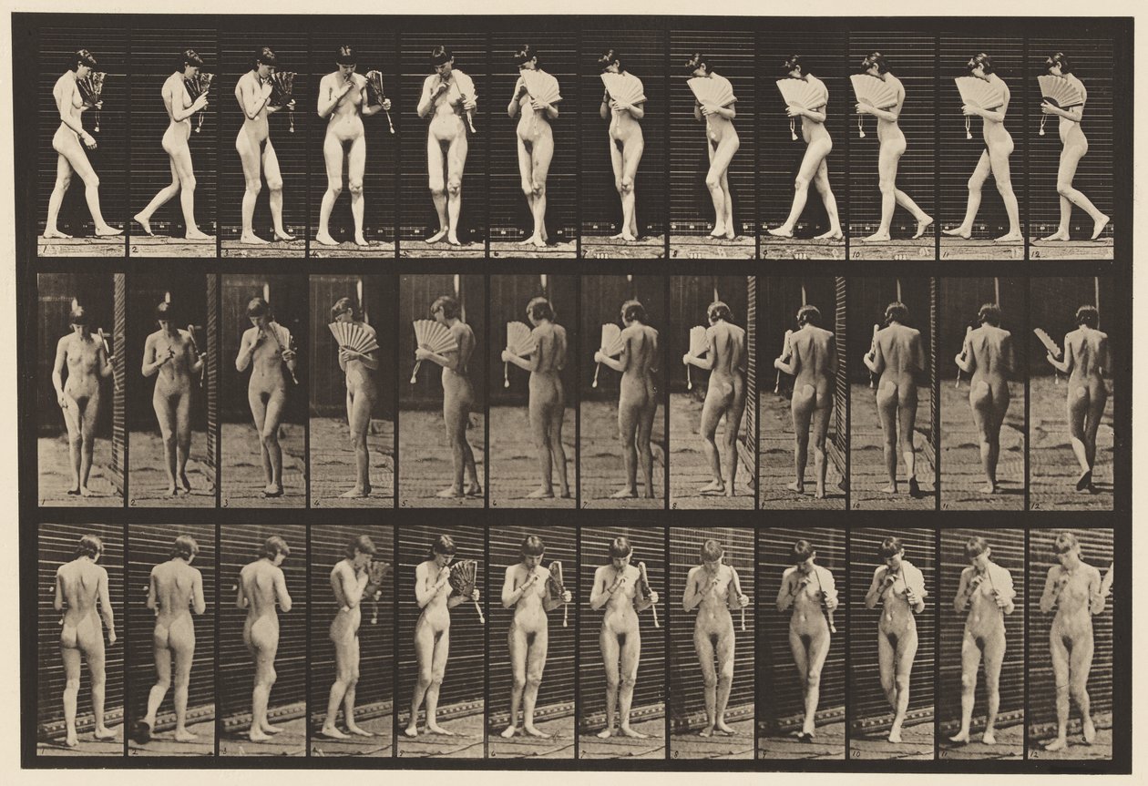 Plate 46. Walking, Flirting a Fan, and Turning Around by Eadweard Muybridge