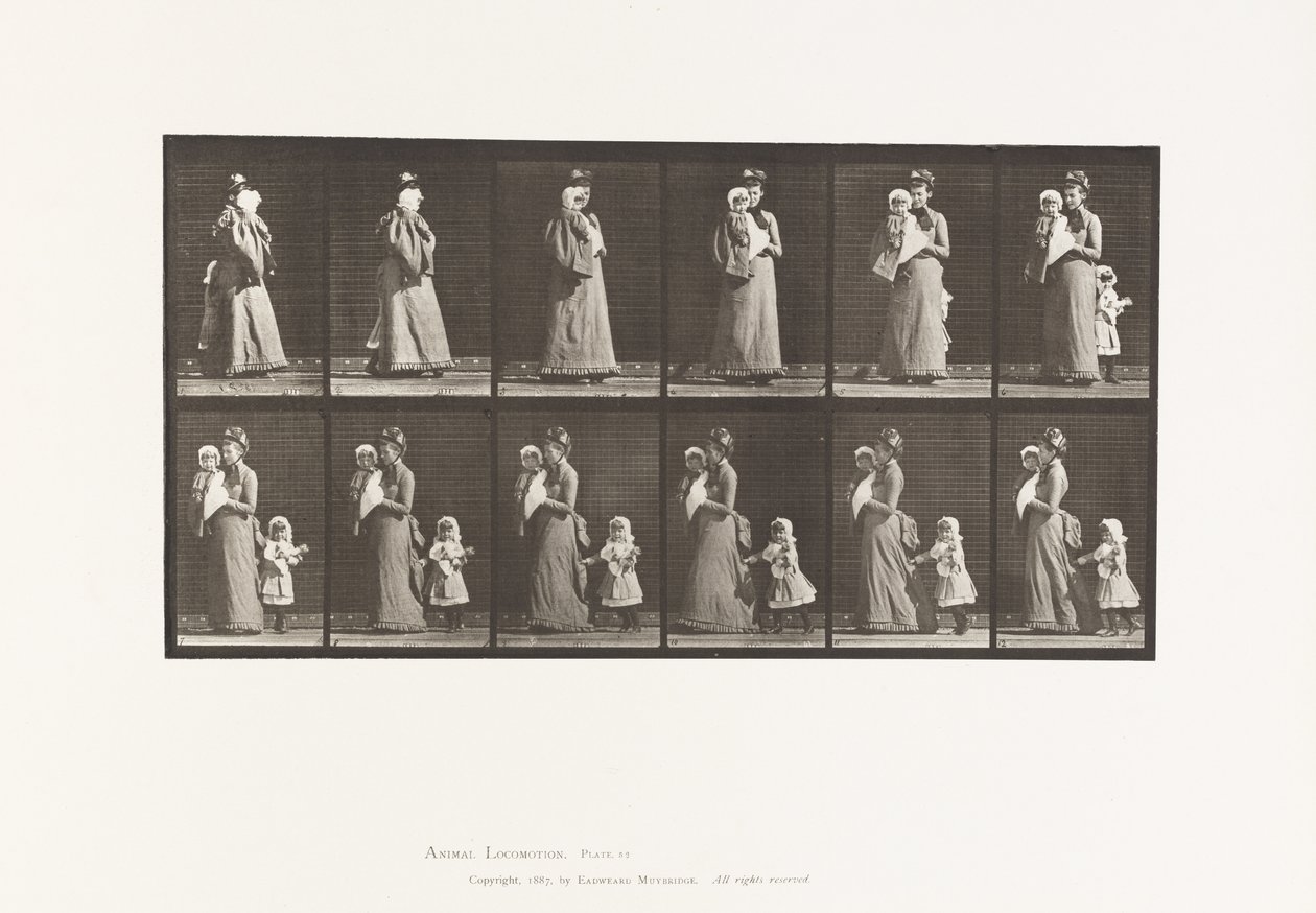 Walking carrying child, turning around; another child holding on to dress by Eadweard Muybridge