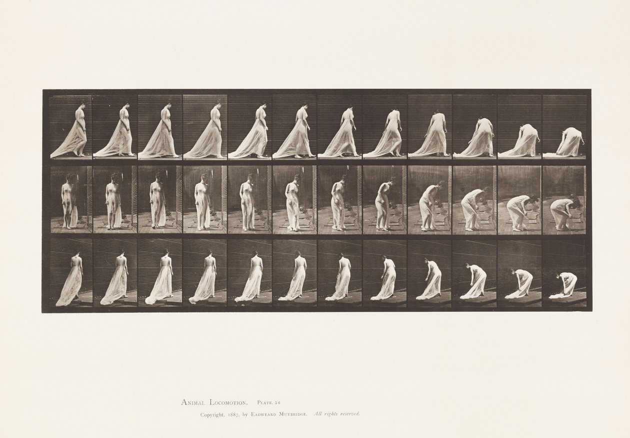 Plate 56. Walking, Turning and Stooping to Lift Train by Eadweard Muybridge
